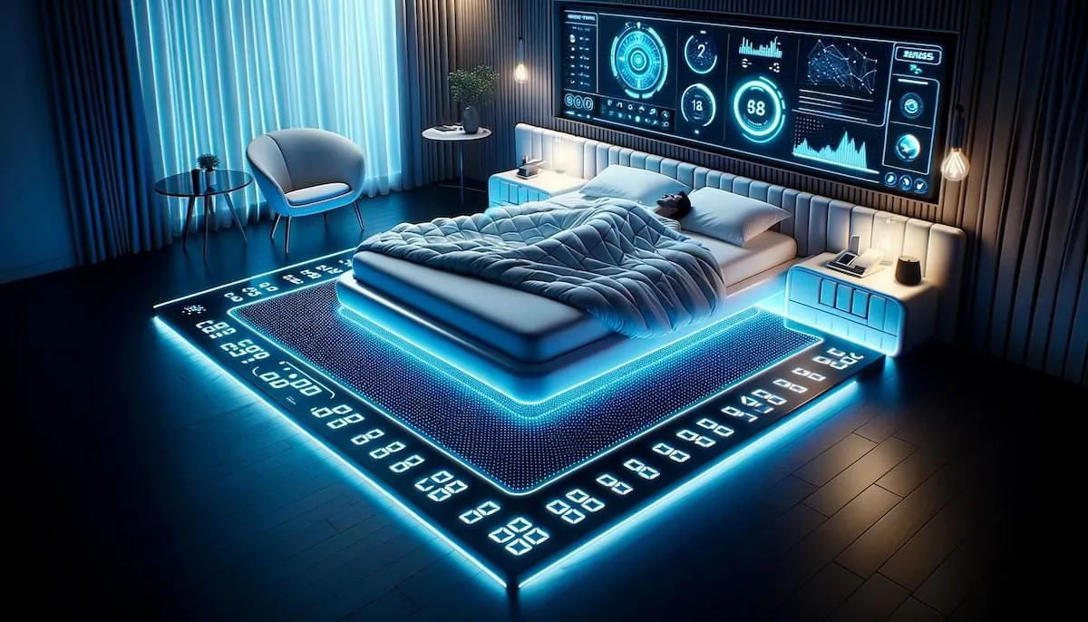 Modernes Schlafzimmer bei Nacht mit futuristischer, blau leuchtender Matratze