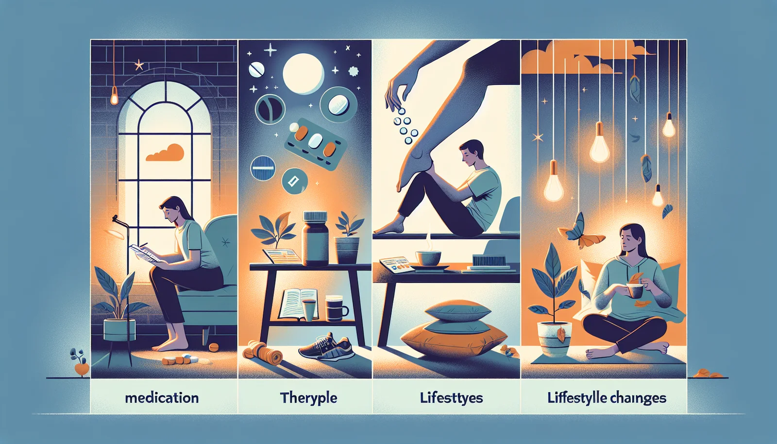 Eine Illustration von verschiedenen Therapiemöglichkeiten für das Restless Legs Syndrom.