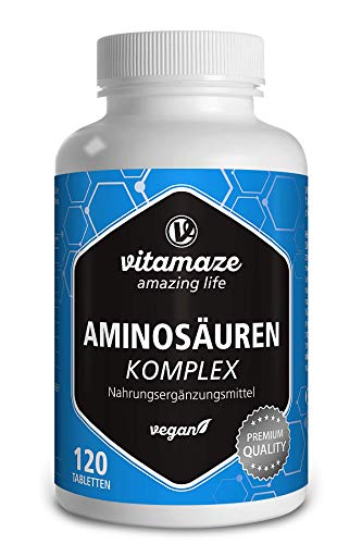 Aminosäuren Komplex hochdosiert & vegan, 120 Tabletten mit 8 essentiellen Aminosäuren EAA (u.a. Tryptophan, Lysin, Leucin, Tyrosin), Nahrungsergänzung ohne Zusatzstoffe, Made in Germany