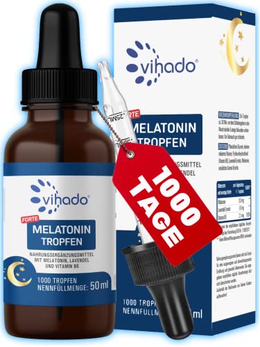 Vihado Melatonin Tropfen - 1000 Nächte - Sofort und schnell - Extra hochdosiert (Forte) - Besser da Melatonin Komplex, 50 ml (1000 Tropfen)