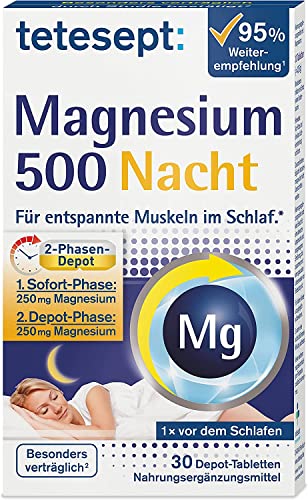 tetesept Magnesium 500 Nacht – Nahrungsergänzungsmittel mit hochdosiertem Magnesium – entspannte Muskeln im Schlaf mit Magnesium Tabletten – 1 x 30 Tabletten