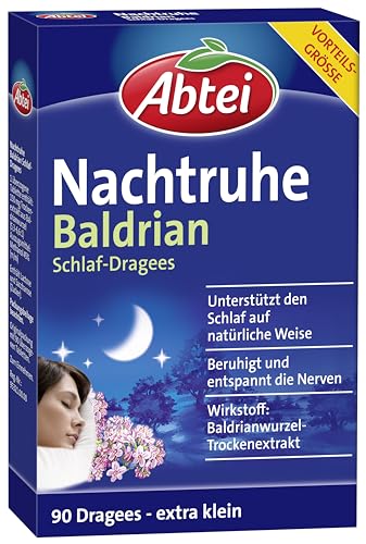 Abtei Nachtruhe Baldrian Schlaf-Dragees N - pflanzliches Arzneimittel für erholsamen und gesunden Schlaf sowie bei nervlicher Belastung - ohne Gewöhnungseffekt - 1 x 90 Dragees