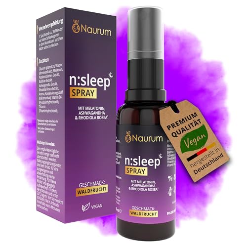 NAURUM® n:sleep Spray – Mit Melatonin, Ashwagandha & Rhodiola Rosea – Vegan, Laktosefrei, Glutenfrei, Zuckerfrei – Beruhigender Schlafspray für die Nacht – Waldfrucht Geschmack – 30ml