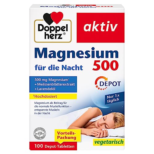 Doppelherz Magnesium 500 für die Nacht - Mit Melisse und Lavendelöl - Hochdosiertes Magnesium als Beitrag für die normale Muskelfunktion - 100 DEPOT-Tabletten