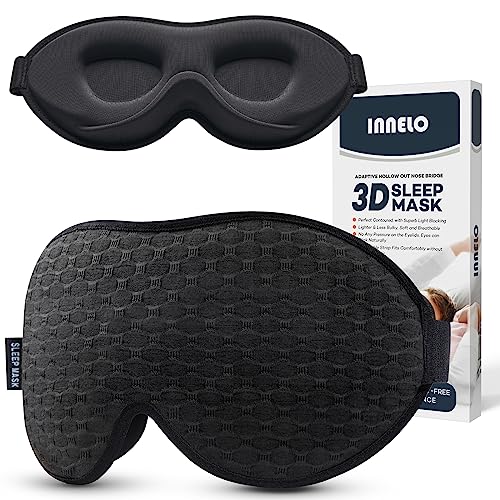 INNELO Schlafmaske für Herren Frauen, 2024 Bequeme Atmungsaktive 3D Augenmaske, mit tiefen Augenhöhlen und erhöhten Nasenpads,100％ Lichtblockierende Schlafbrille mit Memory Foam für Reisen, Schwarz