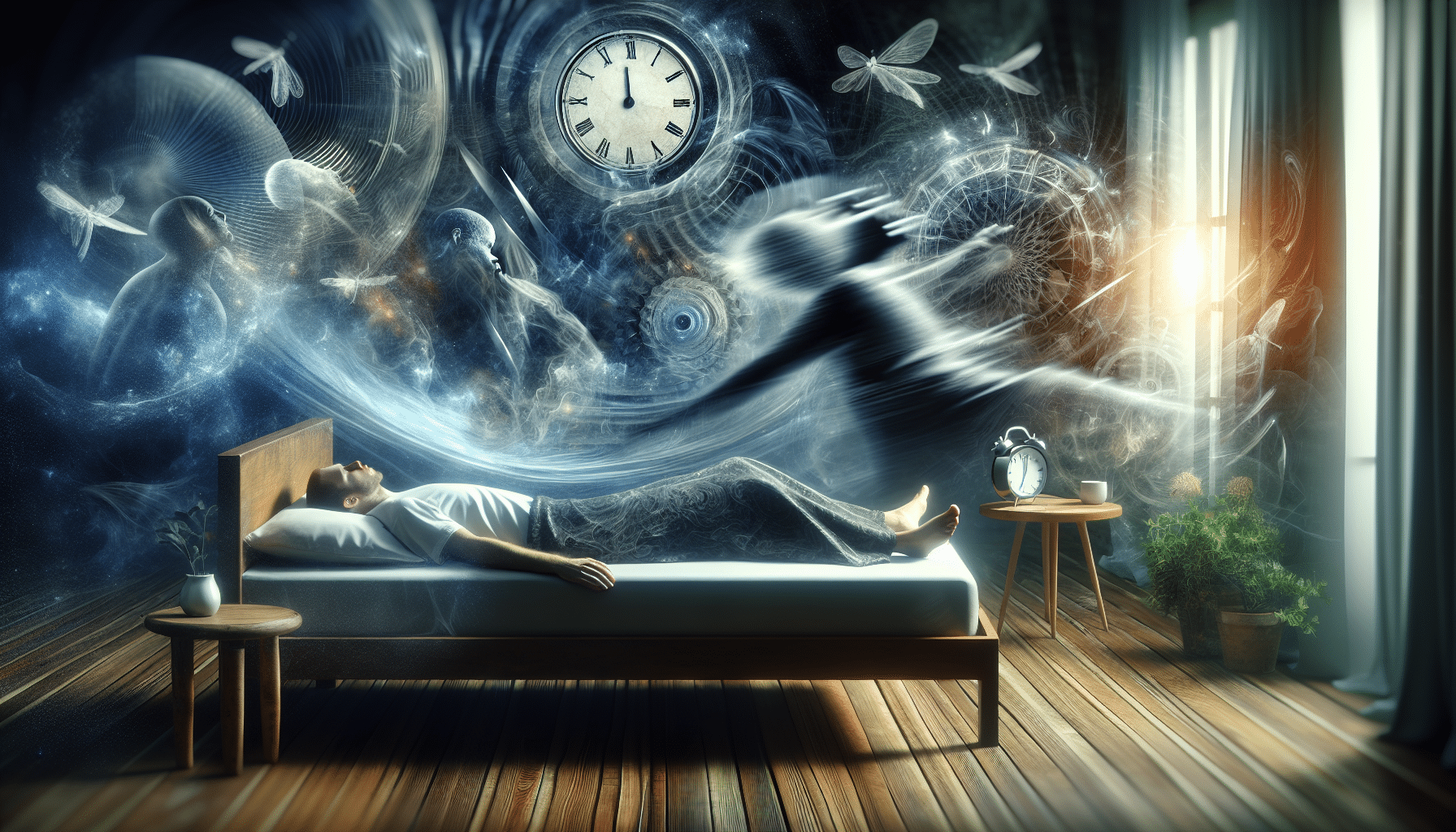 Eine künstlerische Darstellung von hypnagogen Halluzinationen und Schlaflähmungen während des Übergangs vom Wach- zum Schlafzustand.