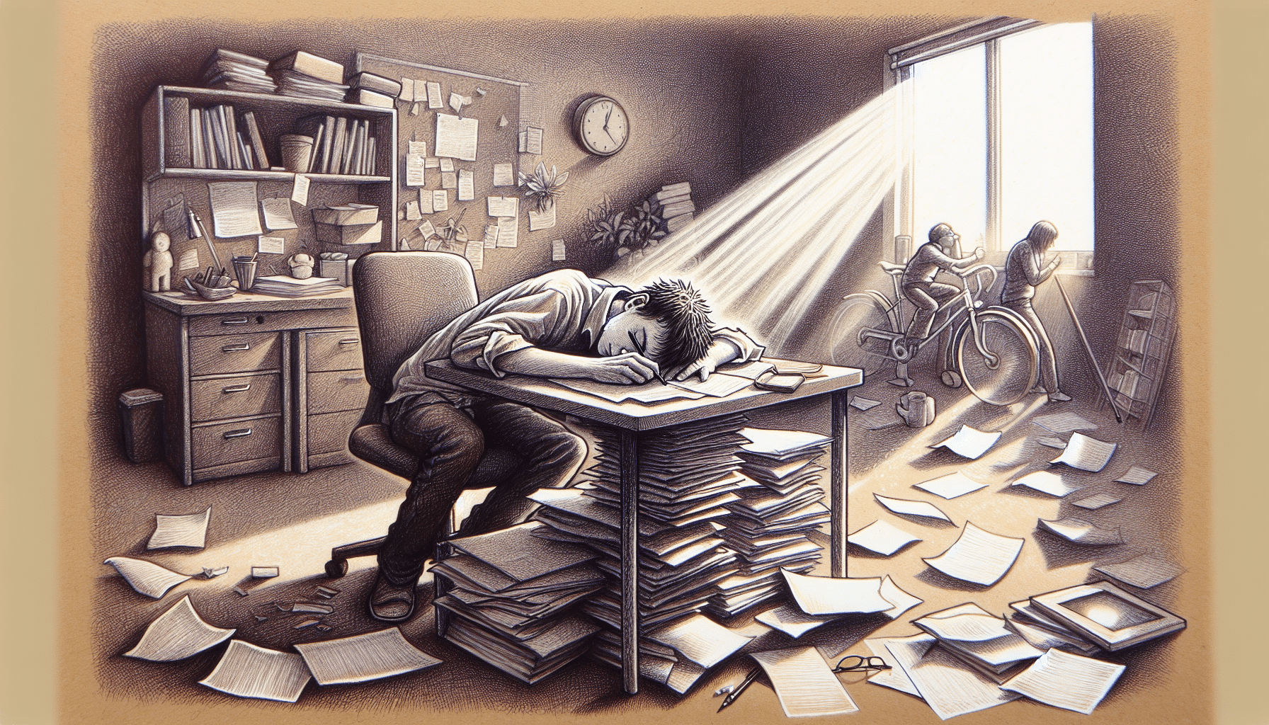 Eine Zeichnung, die eine Person zeigt, die unter exzessiver Tagesschläfrigkeit leidet und während des Tages einschläft.